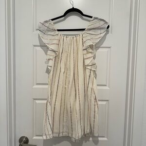 Bonbon Girls Lurex Stripe Flutter Sleeve Dress Size 8 Cream Ivory